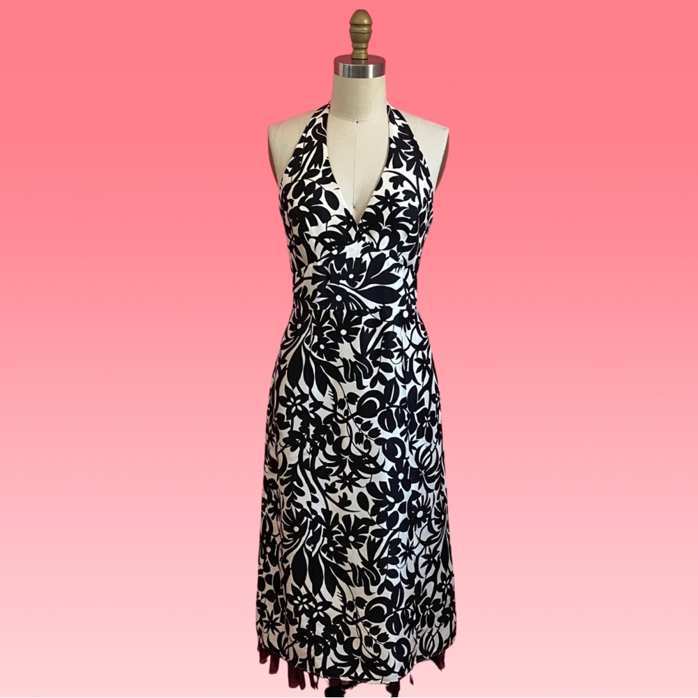 Vintage 90s/Y2K Laundry Shelli Segal SILK Floral Halter Midi Dress Tulle Hem 2